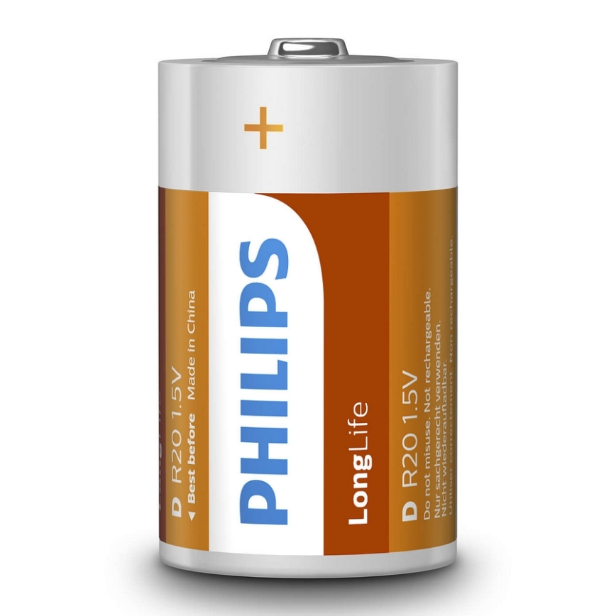 Philips R20L2B/10 - 2 pçs Pilha de cloreto de zinco D LONGLIFE 1,5V 5000mAh