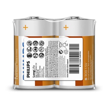 Philips R20L2F/10 - 2 pçs Pilha de cloreto de zinco D LONGLIFE 1,5V 5000mAh