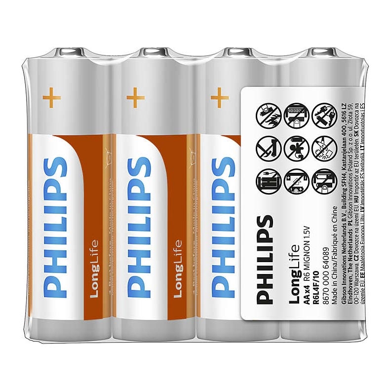 Philips R6L4F/10 - 4 pçs Pilha de cloreto de zinco AA LONGLIFE 1,5V 900mAh