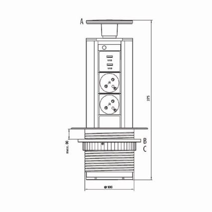 Pilar de ligação da tomada para o topo da mesa 2x230V +USB-A 3,1A +UBS-C 15,5W 230V