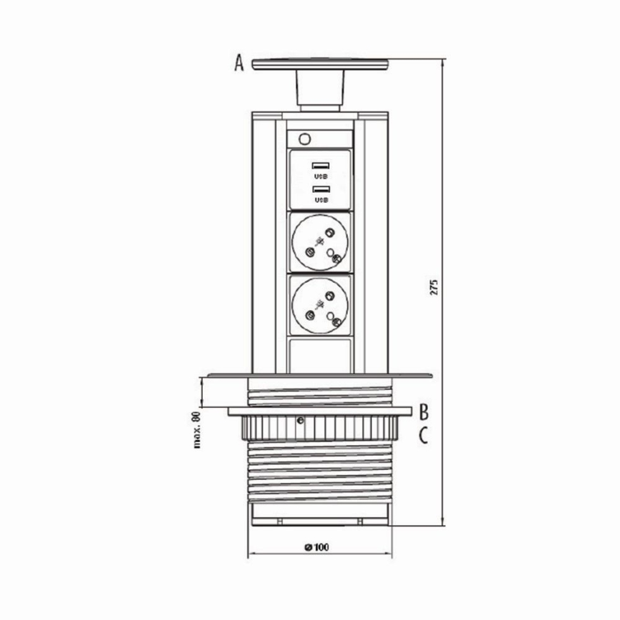 Pilar de ligação da tomada para o topo da mesa 2x230V +USB-A 3,1A +UBS-C 15,5W 230V