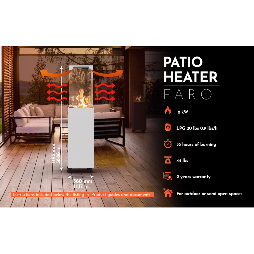 Planika - Lareira exterior a gás 142x36 cm 8kW branco + capa de proteção