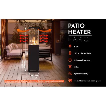 Planika - Lareira exterior a gás 142x36 cm 8kW 1xAAA preto + capa de proteção