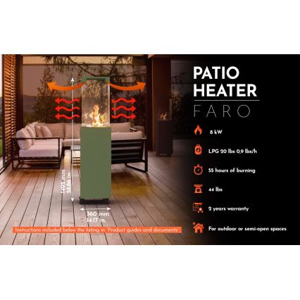 Planika - Lareira exterior a gás 142x36 cm 8kW verde + capa de proteção