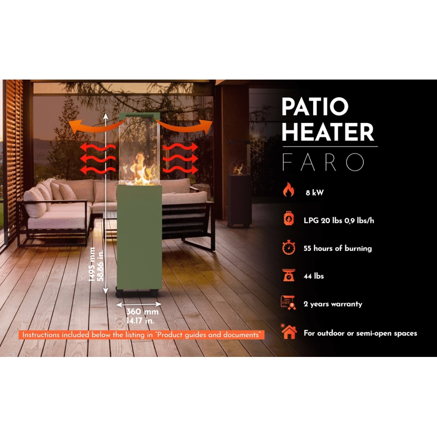 Planika - Lareira exterior a gás 142x36 cm 8kW verde + capa de proteção