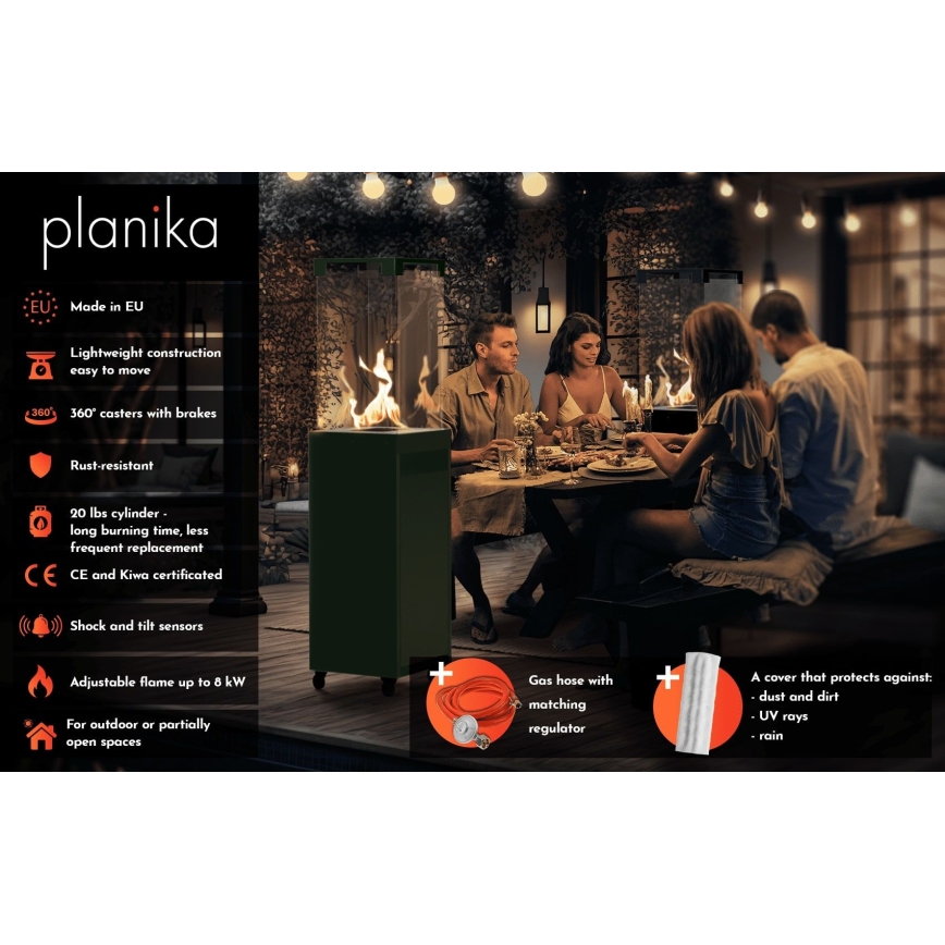 Planika - Lareira exterior a gás 142x36 cm 8kW verde + capa de proteção