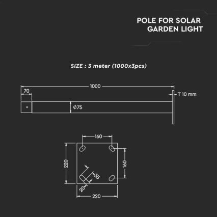 Poste metálico com suporte para iluminação solar 3 m