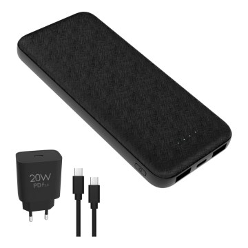 Power Bank 10000 mAh + adaptador 20W Power Delivery + USB-C/USB-C cabo 1m preto
