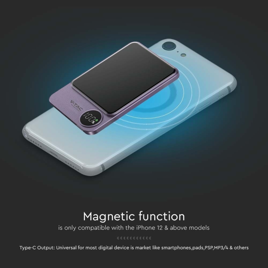 Power Bank com um ecrã magnético Power Delivery 5000mAh/20W/5V roxo