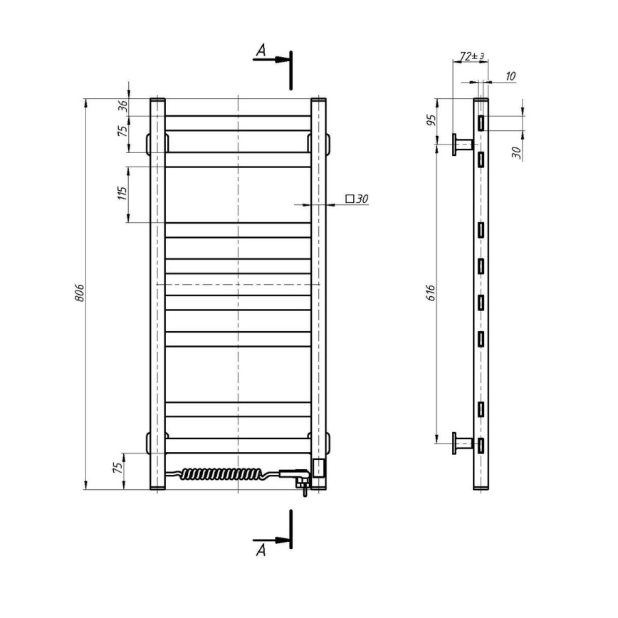 Toalheiro aquecido para casa de banho com termóstato AVANGARD 251W/230V 80,6 cm IP44 branco, ligação à esquerda, perfil quadrado