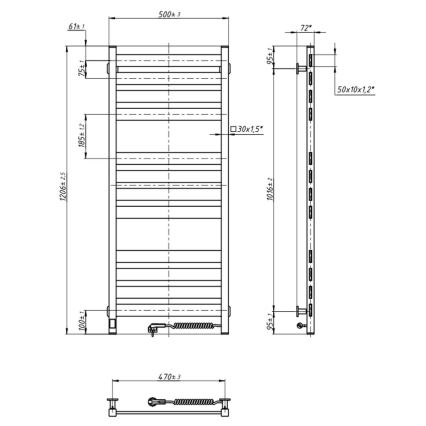 Radiador-toalheiro para casa de banho com termostato LARGO 541W/230V 120,6 cm IP44 preto, lado direito, perfil quadrado