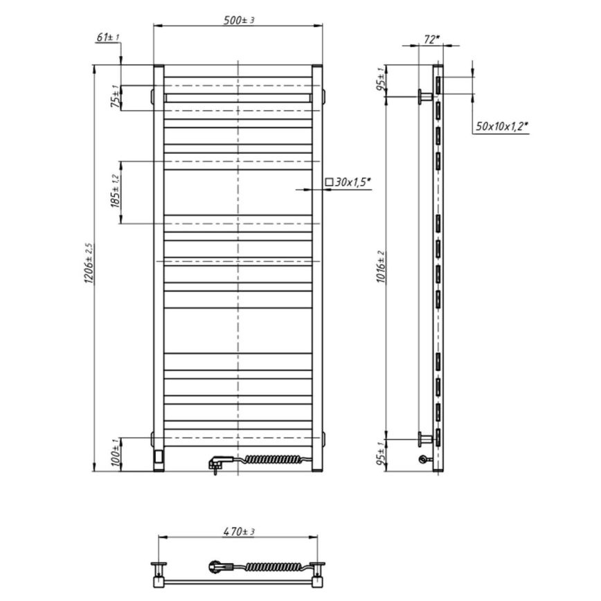 Radiador-toalheiro para casa de banho com termostato LARGO 541W/230V 120,6 cm IP44 preto, lado direito, perfil quadrado