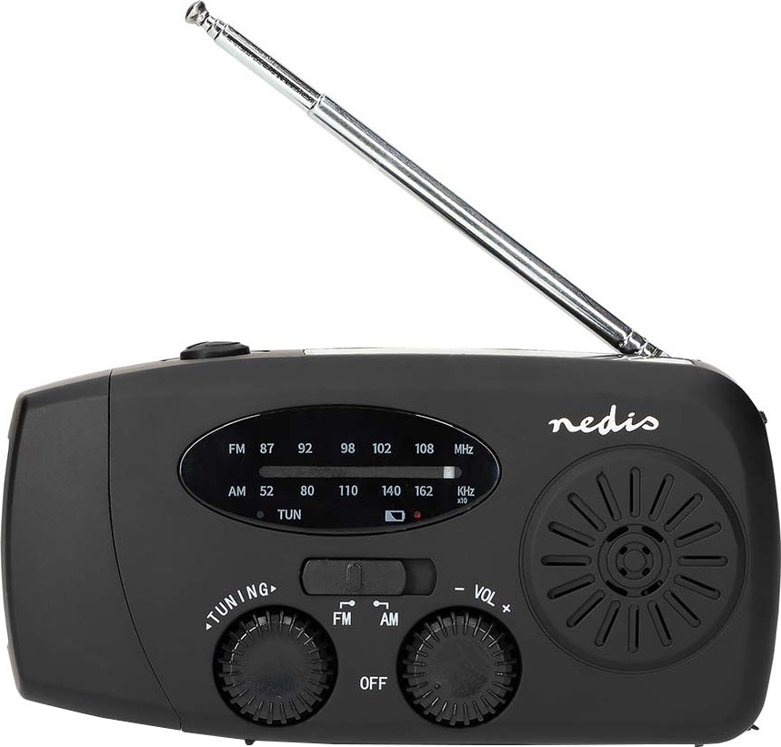 Rádio AM/FM com manivela, painel solar e lanterna LED 2000 mAh