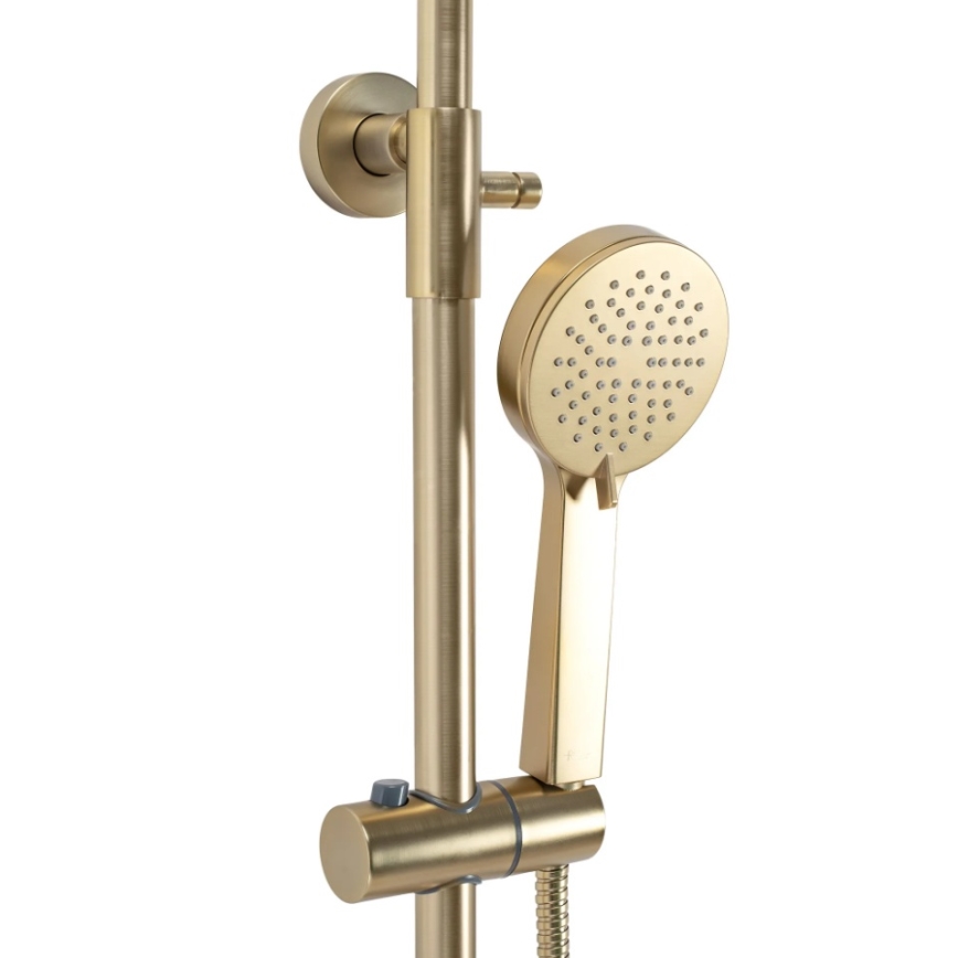 REA-P2323 - Conjunto de duche com bateria termostática PAROT, acabamento dourado escovado