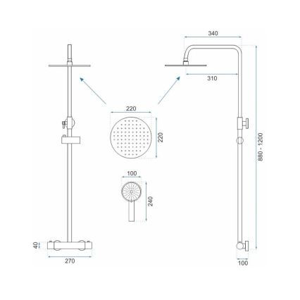 REA-P2323 - Conjunto de duche com bateria termostática PAROT, acabamento dourado escovado