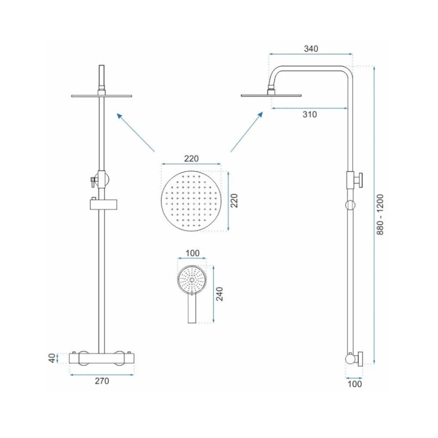 REA-P2323 - Conjunto de duche com bateria termostática PAROT, acabamento dourado escovado