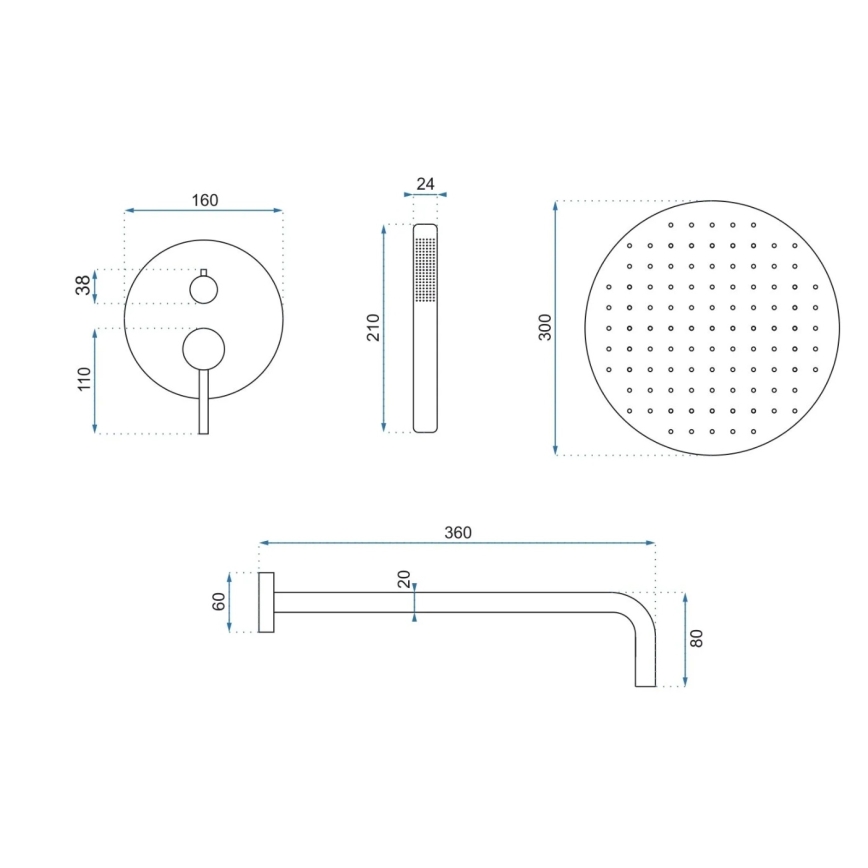 REA-P4160 - Conjunto de duche com misturador encastrado LUNGO, dourado escovado
