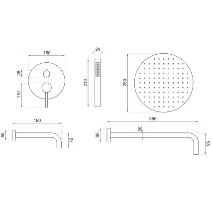 REA-P6609 - Conjunto de duche com misturador termostático encastrado LUNGO, acabamento dourado escovado