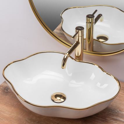REA-U0696 - Lavatório de bancada PEARL 38 x 50,5 cm cerâmica/branco brilhante/dourado