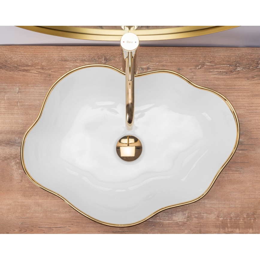 REA-U0696 - Lavatório de bancada PEARL 38 x 50,5 cm cerâmica/branco brilhante/dourado