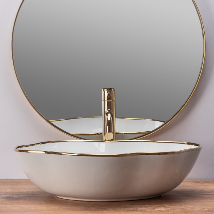 REA-U0696 - Lavatório de bancada PEARL 38 x 50,5 cm cerâmica/branco brilhante/dourado