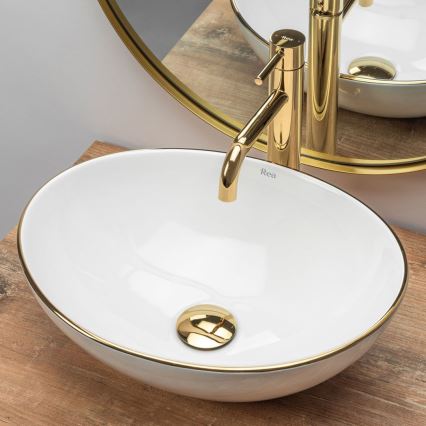 REA-U3287 - Lavatório de bancada SOFIA 34,5x41 cm cerâmica/branco brilhante/dourado