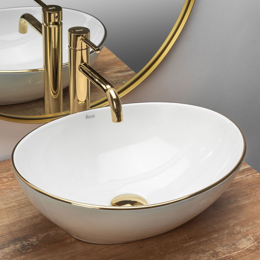 REA-U3287 - Lavatório de bancada SOFIA 34,5x41 cm cerâmica/branco brilhante/dourado