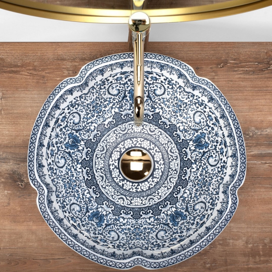 REA-U5666 - Cuba de apoio VIVIEN Ø 42,5 cm, cerâmica com padrão ornamental