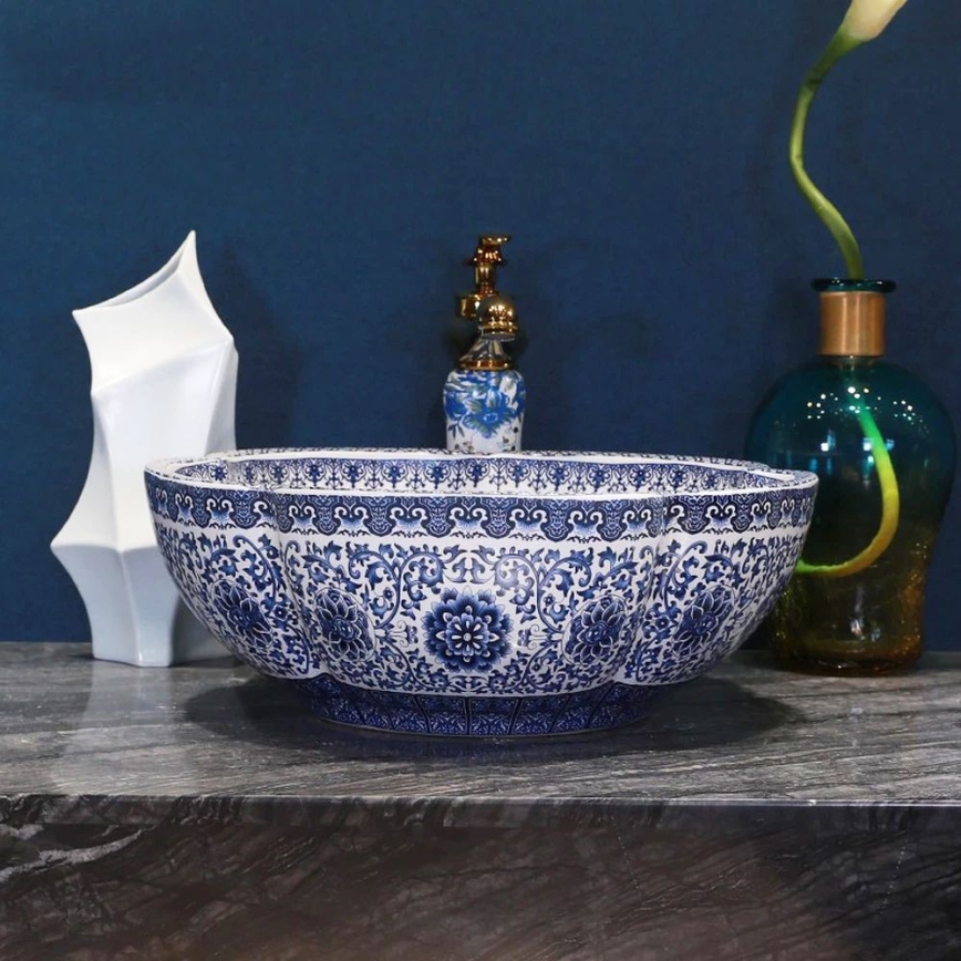 REA-U5666 - Cuba de apoio VIVIEN Ø 42,5 cm, cerâmica com padrão ornamental