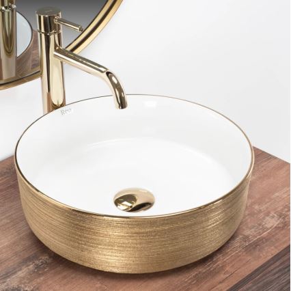 REA-U6630 - Lavatório de apoio SAMI Ø 36 cm cerâmica/branco/dourado escovado