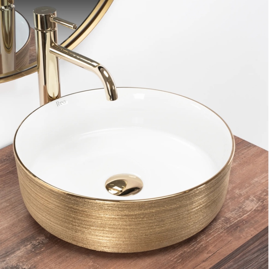 REA-U6630 - Lavatório de apoio SAMI Ø 36 cm cerâmica/branco/dourado escovado