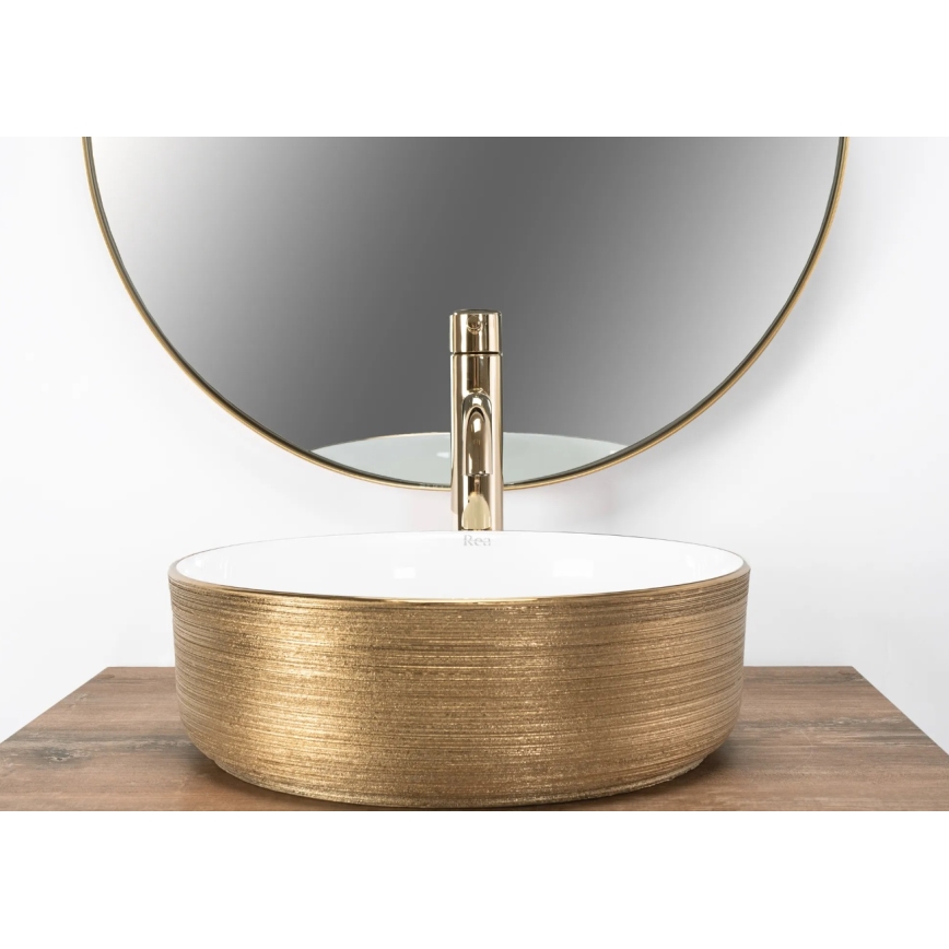 REA-U6630 - Lavatório de apoio SAMI Ø 36 cm cerâmica/branco/dourado escovado