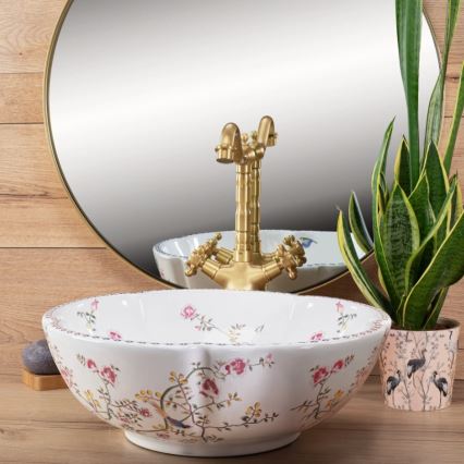 REA-U7504 - Lavabo de bancada FELICIA, diâmetro 42,5 cm, cerâmica/padrão floral