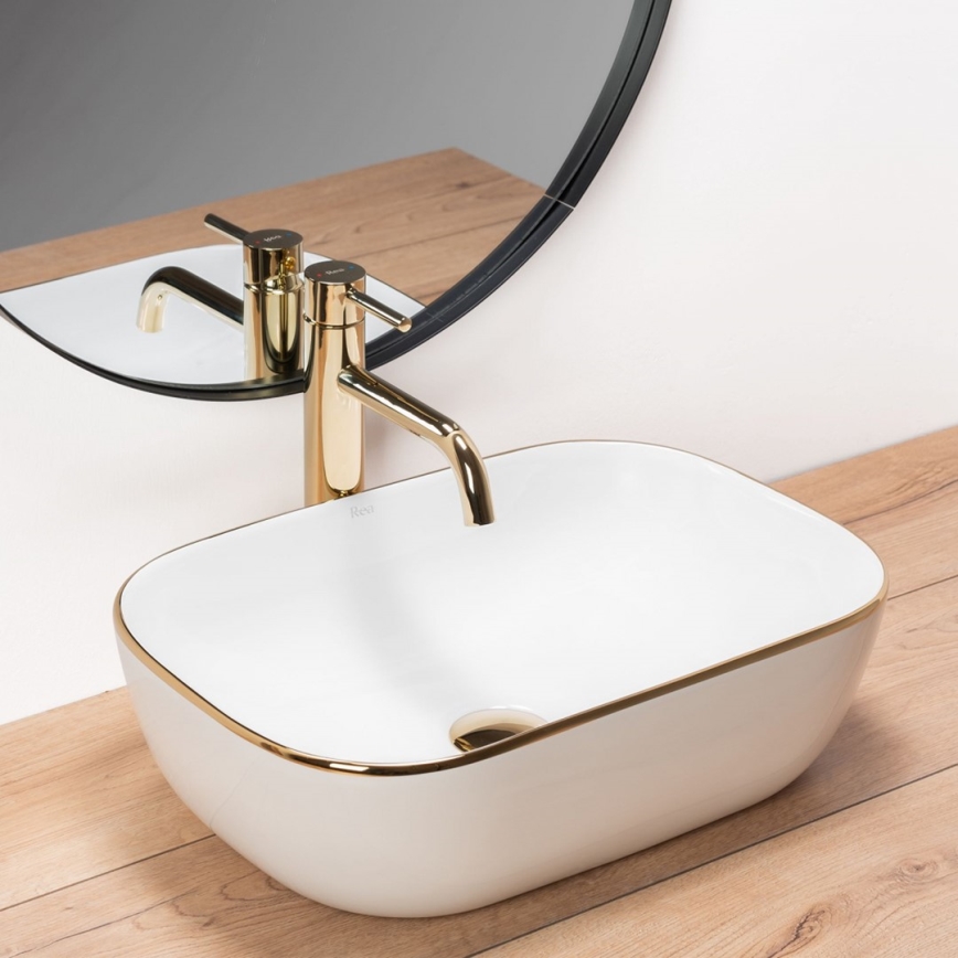 REA-U8736 - Lavatório para bancada BELINDA 33,5 x 46,5 cm cerâmica/branco/dourado