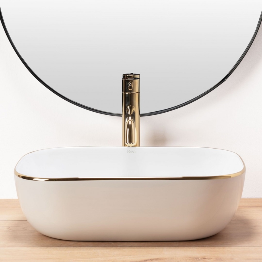 REA-U8736 - Lavatório para bancada BELINDA 33,5 x 46,5 cm cerâmica/branco/dourado