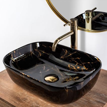 REA-U8907 - Lavatório de sobrepor BELINDA 33,5x46,5 cm cerâmica/preto/decoração em mármore