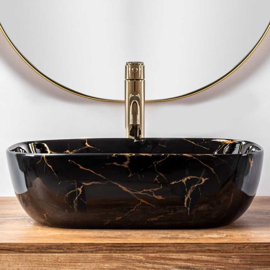 REA-U8907 - Lavatório de sobrepor BELINDA 33,5x46,5 cm cerâmica/preto/decoração em mármore