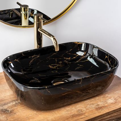 REA-U8907 - Lavatório de sobrepor BELINDA 33,5x46,5 cm cerâmica/preto/decoração em mármore