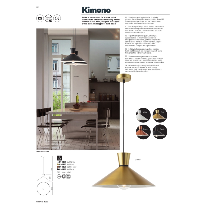 Redo 01-1461 - Candeeiro suspenso KIMONO 1xE27/42W/230V diâmetro 39,5 cm cobre
