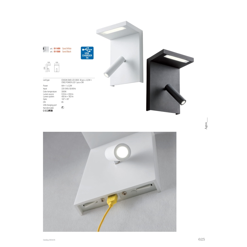 Redo 01-1500 - Foco de parede LED AGOS LED/6W/230V + LED/3,2W USB preto