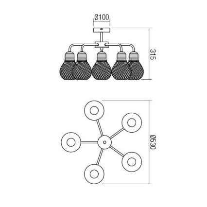 Redo 01-1577 - Lustre em haste EDISON 5xE27/42W/230V, diâmetro 53 cm, preto/cobre