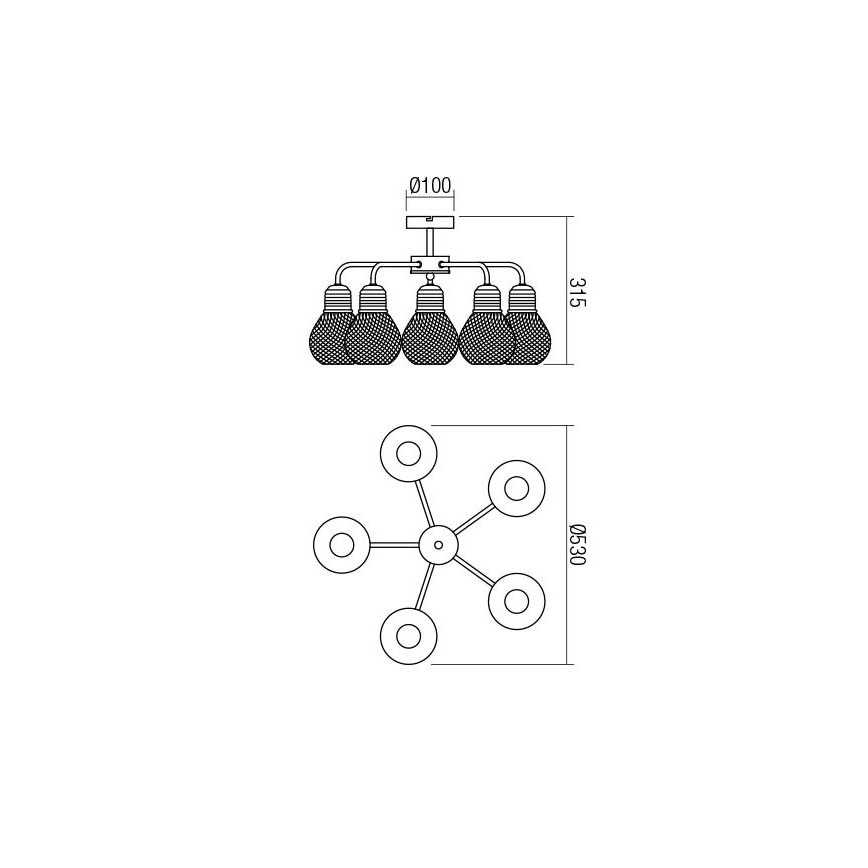 Redo 01-1577 - Lustre em haste EDISON 5xE27/42W/230V, diâmetro 53 cm, preto/cobre