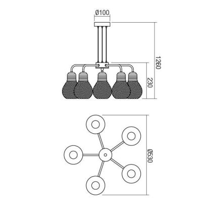 Redo 01-1580 - Lustre suspenso por cabo EDISON 5xE27/42W/230V Ø 53 cm preto/cobre