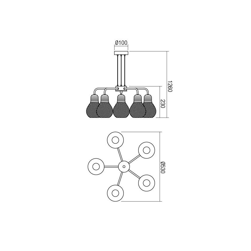 Redo 01-1580 - Lustre suspenso por cabo EDISON 5xE27/42W/230V Ø 53 cm preto/cobre