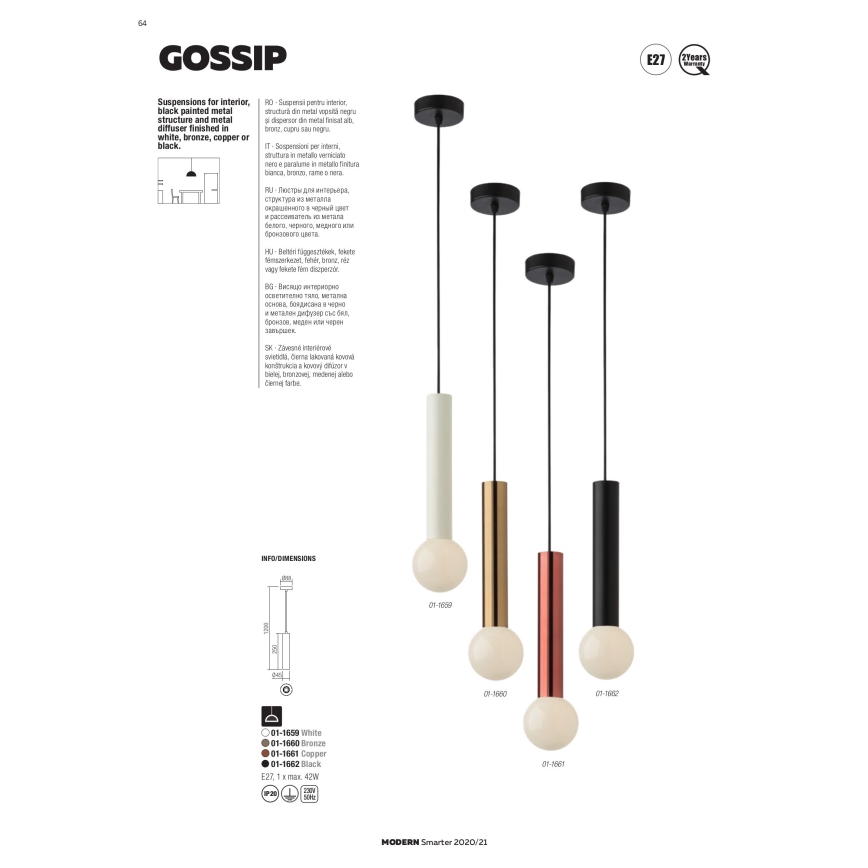 Redo 01-1661 - Candelabro suspenso GOSSIP 1xE27/42W/230V cobre