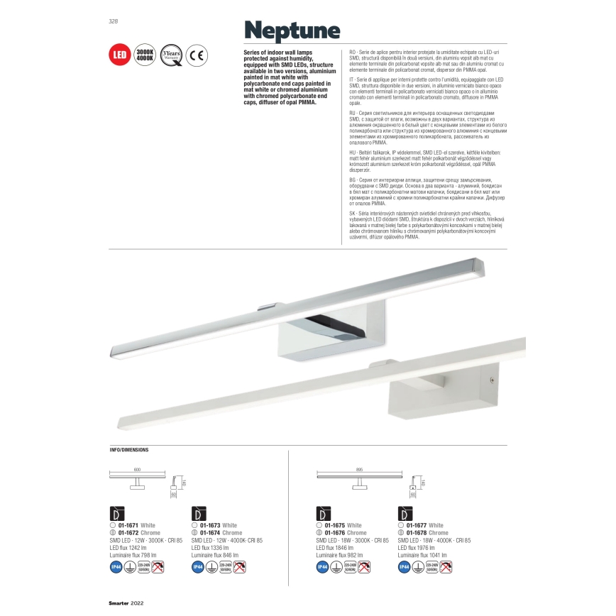 Redo 01-1673 - Luz de espelho de casa de banho LED NEPTUNE LED/12W/230V IP44