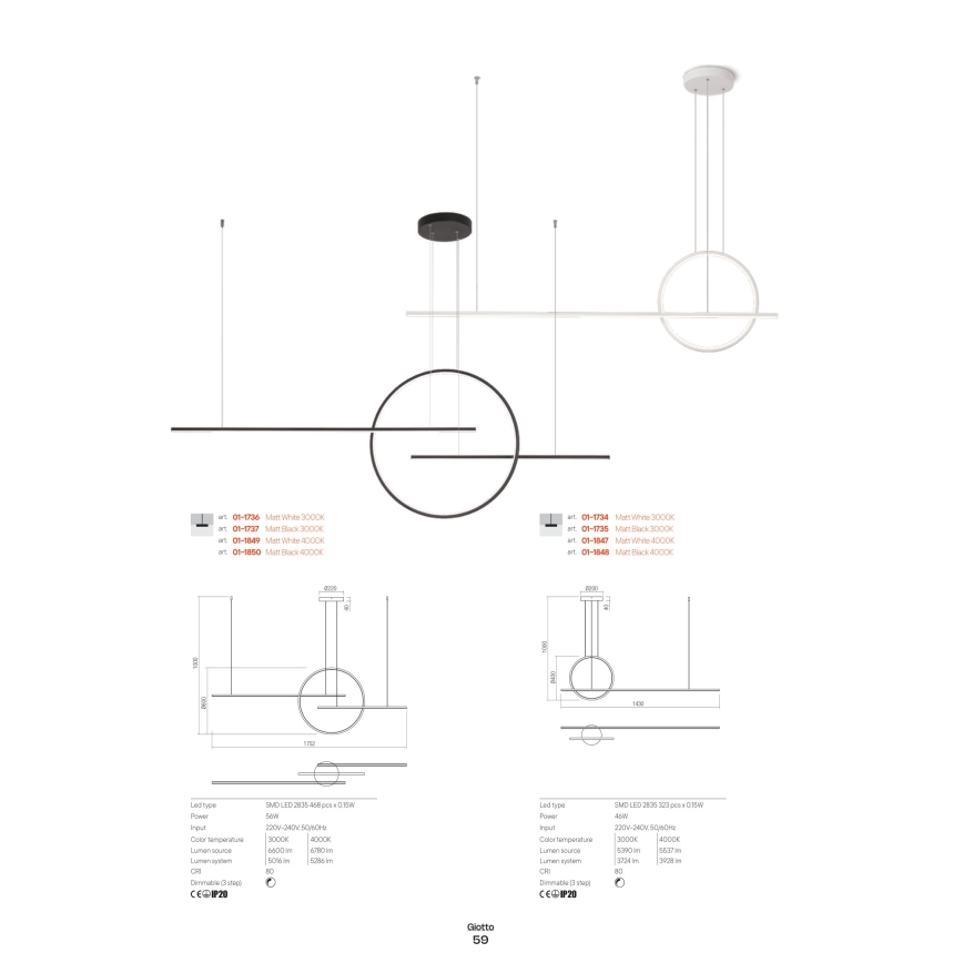 Redo 01-1734 - Candelabro suspenso LED com regulação GIOTTO LED/46W/230V branco