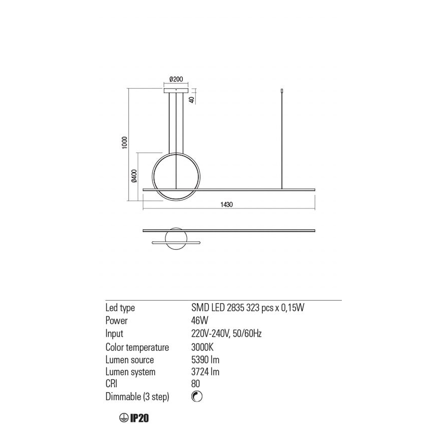 Redo 01-1734 - Candelabro suspenso LED com regulação GIOTTO LED/46W/230V branco