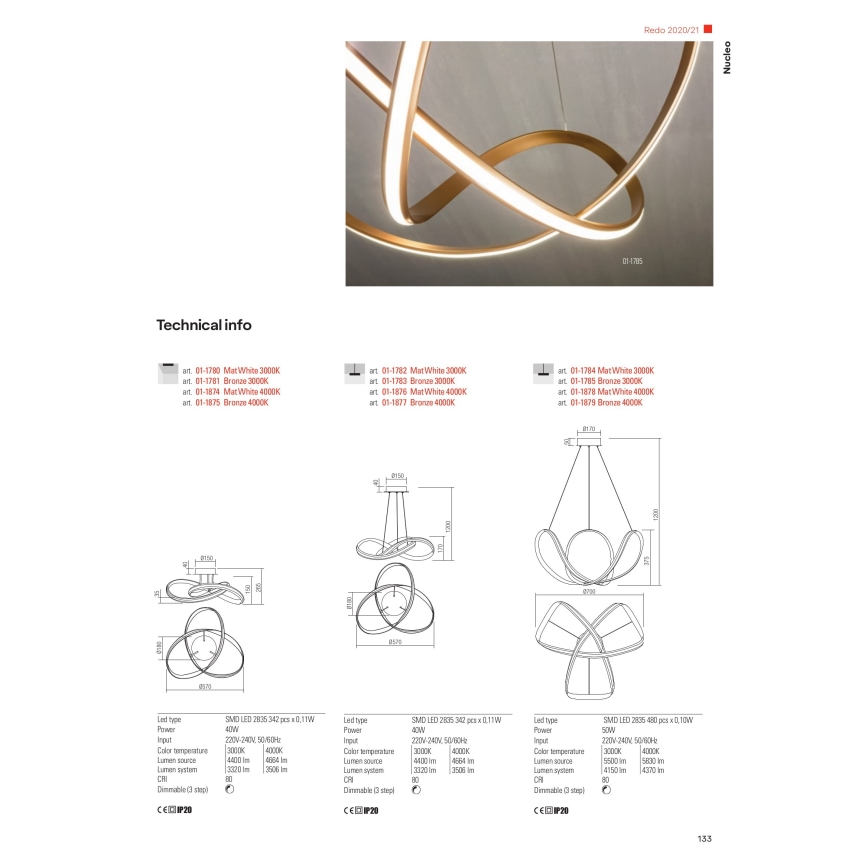 Redo 01-1784 - Candelabro suspenso LED com regulação NUCLEO LED/55W/230V branco