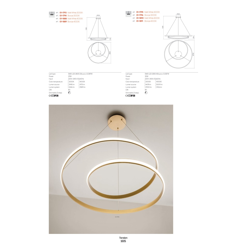Redo 01-1794 - Candelabro suspenso LED com regulação TORSION LED/29W/230V diâmetro 55 cm bronze